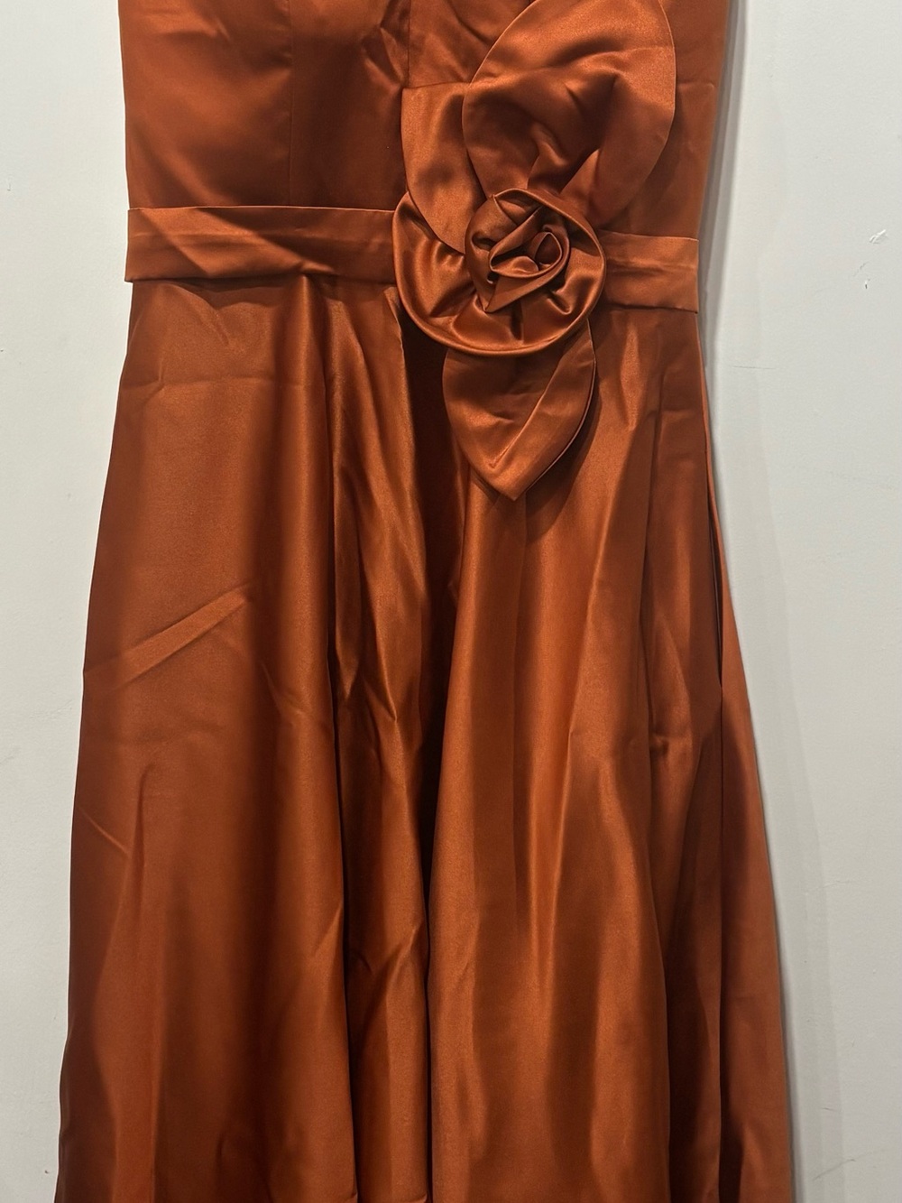 Elegant Copper Satin A-Line Dress with Floral Accent
